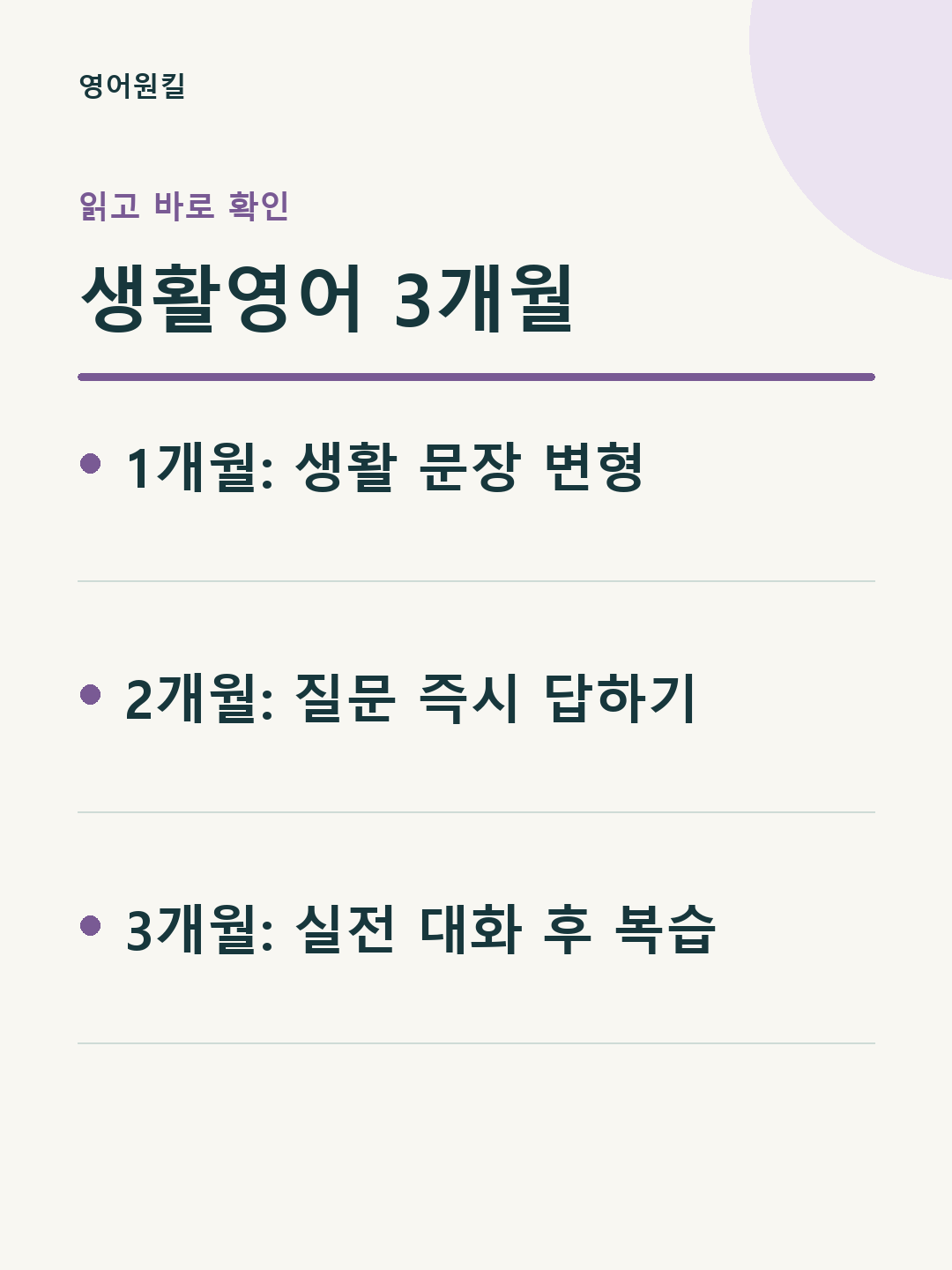 1개월: 생활 문장 변형; 2개월: 질문 즉시 답하기; 3개월: 실전 대화 후 복습