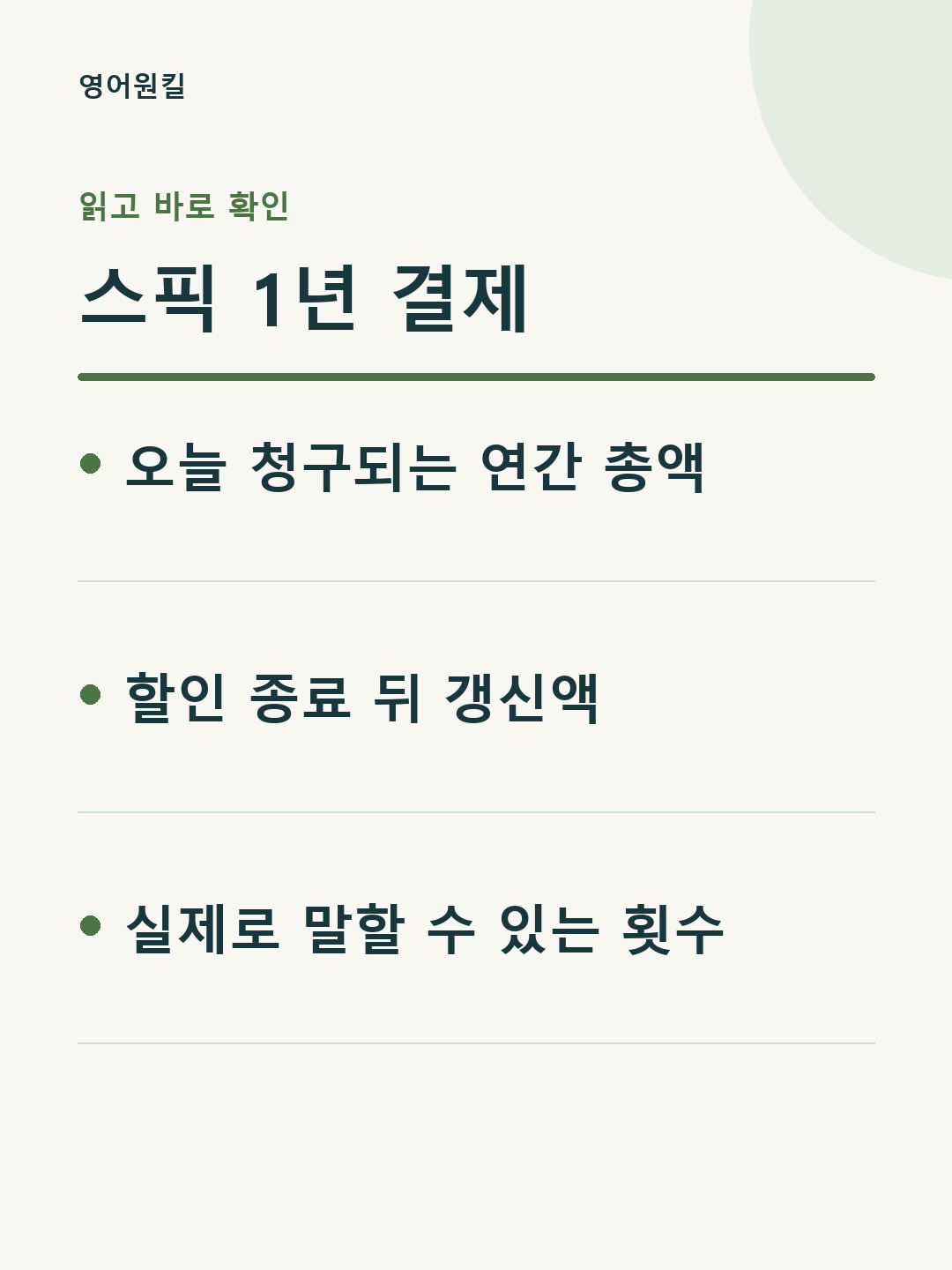 오늘 청구되는 연간 총액; 할인 종료 뒤 갱신액; 실제로 말할 수 있는 횟수