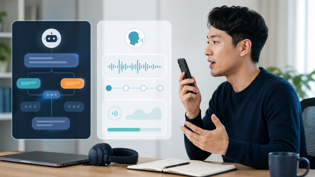 AI 튜터 말랑톡과 스픽의 대화 흐름과 피드백을 비교하는 이미지