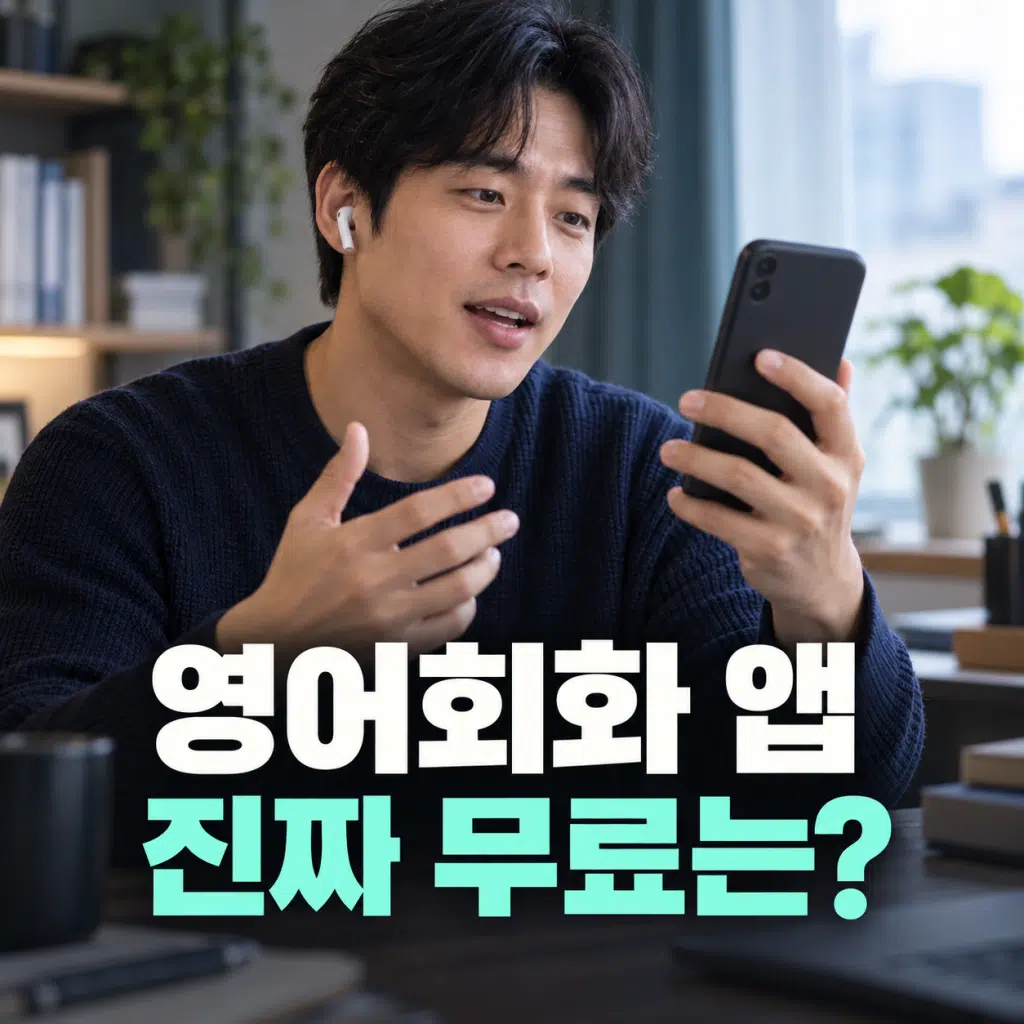 이어폰을 끼고 스마트폰으로 말하기 연습을 하는 남성