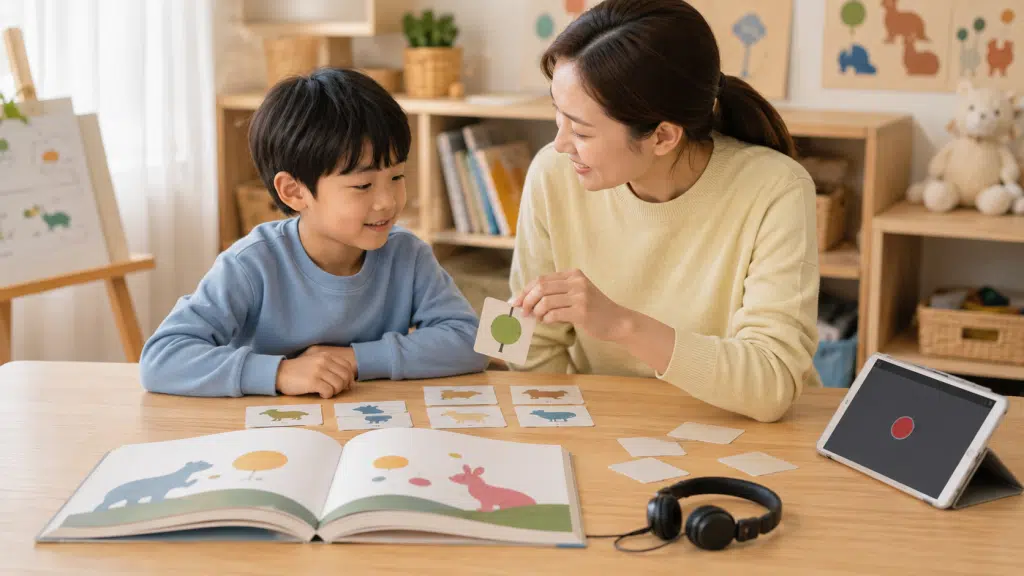 교사와 아이가 그림 카드와 이야기책으로 첫 영어 활동을 연습하는 모습