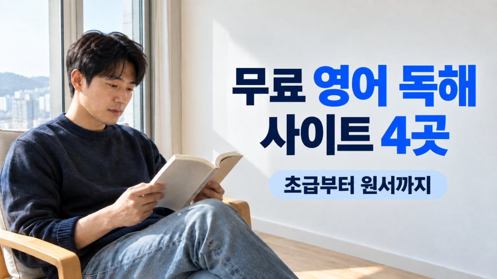 밝은 창가에서 영어 원서를 읽으며 무료 독해 자료를 활용하는 성인 학습자