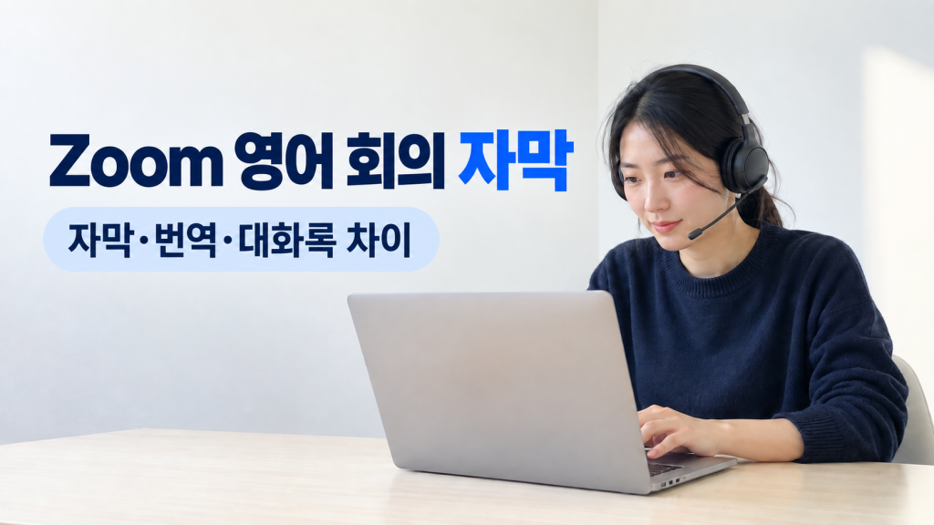 헤드셋을 착용하고 노트북으로 영어 화상회의 자막을 확인하는 직장인
