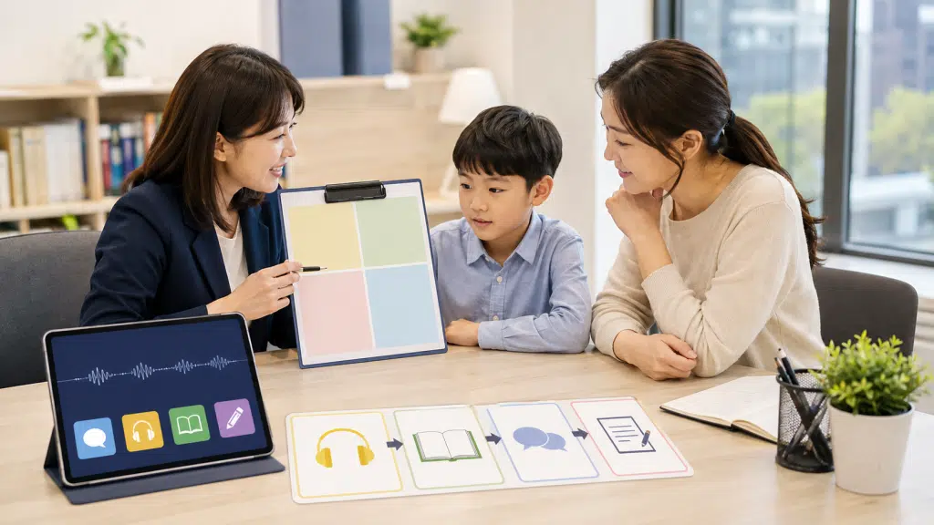 교사와 학부모가 초등 영어 레벨 진단과 수업 순서를 상담하는 모습