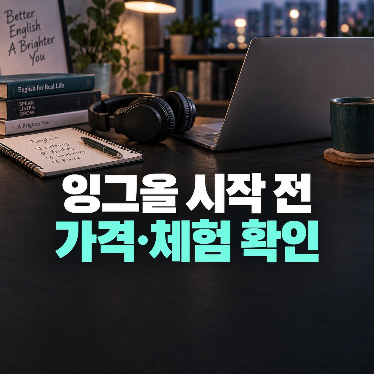 헤드폰과 노트북이 있는 영어 학습 준비 책상