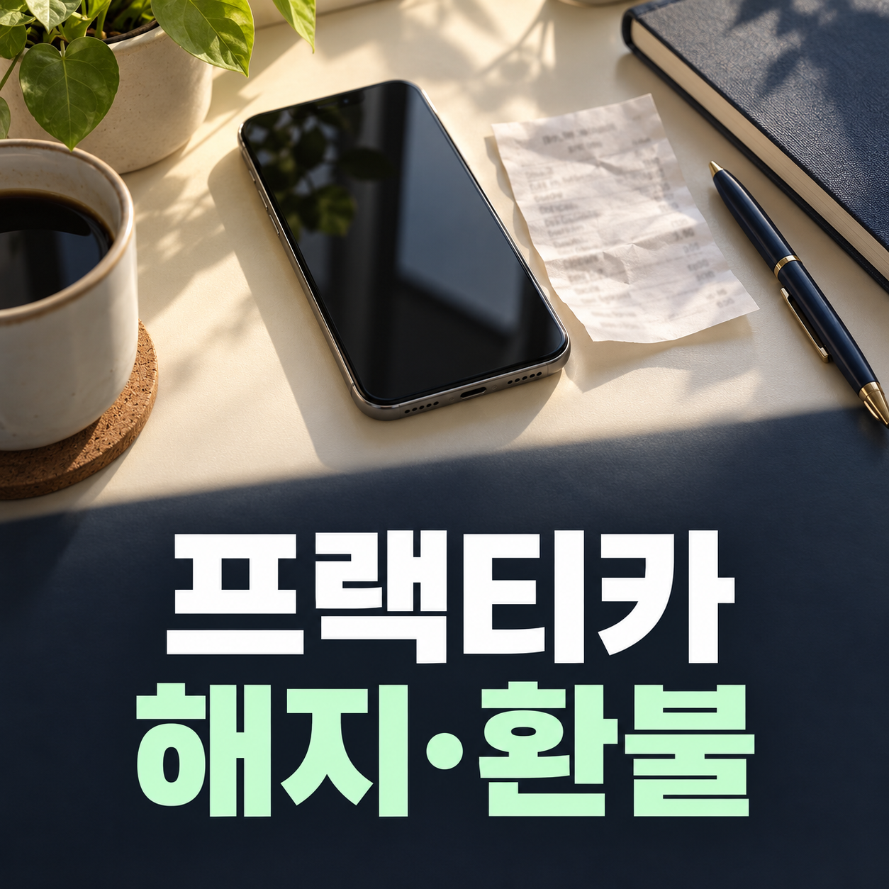 프랙티카 해지·환불 확인을 안내하는 휴대전화와 영수증이 놓인 책상
