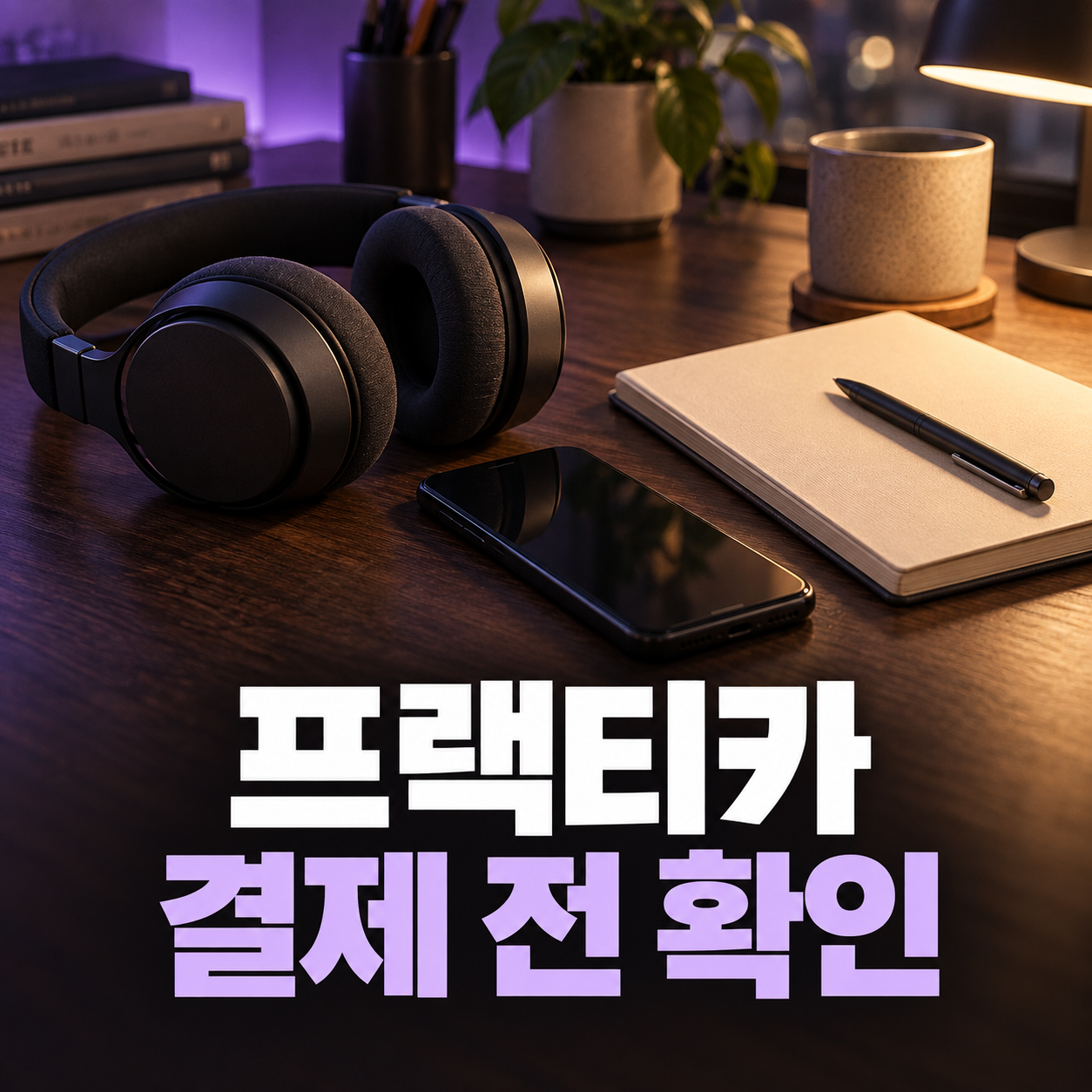 프랙티카 결제 전 확인을 안내하는 헤드폰과 휴대전화가 놓인 학습 책상
