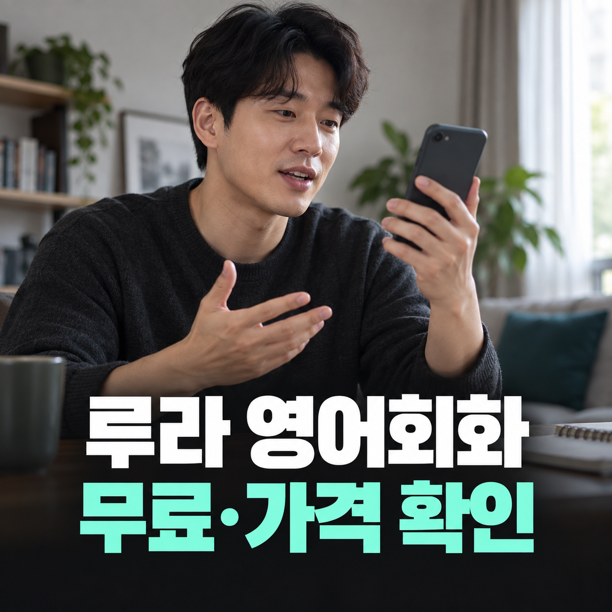 집에서 스마트폰을 보며 영어 말하기를 연습하는 성인